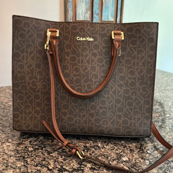 Calvin Klein Brown monogram logo Structured Tote with Gold Accents - Picture 2 of 16
